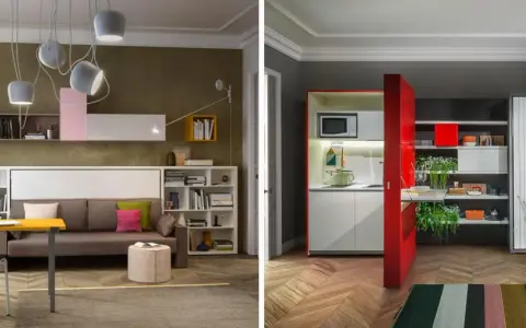 Idee progetto casa 45 mq: soggiorno con divano letto, scrivania a scomparsa e cucina compatta.