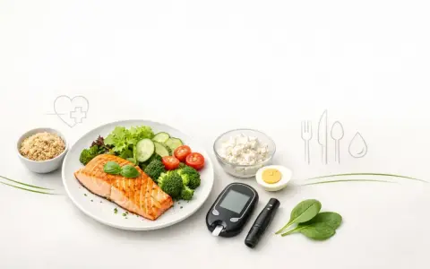 Zdrowy posiłek z łososiem, warzywami i jajkiem, glukometr i lancet. Idealne przepisy na dietę cukrzycową.