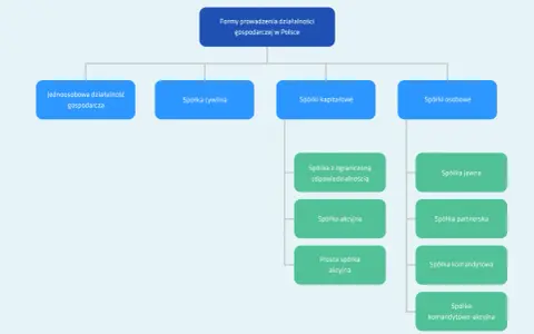 Schemat przedstawia rodzaje działalności gospodarczej w Polsce: jednoosobową, spółki cywilne, kapitałowe i osobowe, z podziałem na konkretne formy prawne.