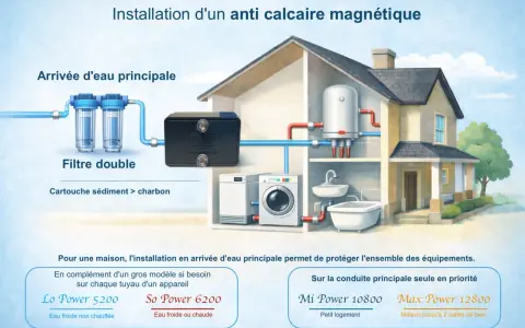 Installation d'un système anti calcaire magnétique pour prévenir la formation du calcaire dans une maison, avec filtre double et appareil Max Power.