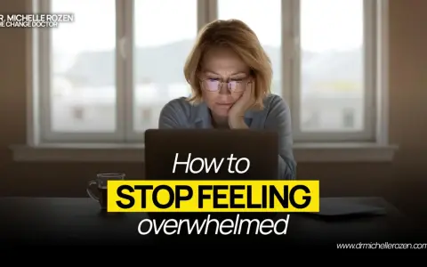A woman looks tiredly at her laptop, with text overlaying the image: "How to STOP FEELING overwhelmed." Learn how to not be overwhelmed.