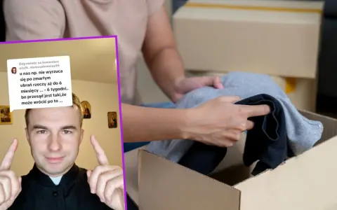 Ksiądz ostrzega: nie noś rzeczy po zmarłej osobie, bo przesąd mówi, że może wrócić po nie. Ręce pakują ubrania do kartonu.