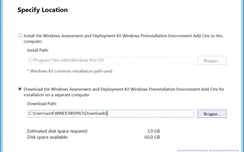Installationsdialog für das Windows Assessment and Deployment Kit. Wahl zwischen lokaler Installation oder Download für separate Computer.