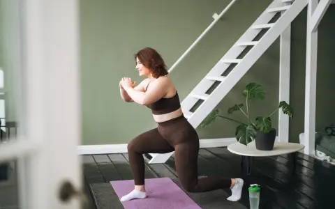 Frau macht Ausfallschritte auf einer Matte. Ihr **Crossfit zuhause**-Workout ist im vollen Gange, mit einer Leiter und einer Pflanze im Hintergrund.