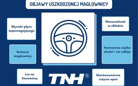 Objawy uszkodzonej maglownicy: wycieki płynu, stukanie, luz na kierownicy, nieszczelność, ciężko chodząca kierownica, nierównomierne zużycie opon.