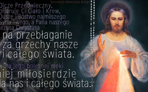 Obraz przedstawia Jezusa Miłosiernego, z którego serca wypływają promienie. Tekst modlitwy o miłosierdzie dla świata.