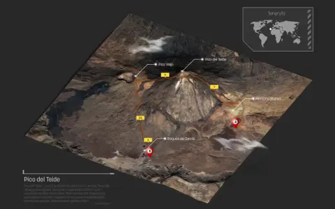 Trasa na Pico del Teide, najwyższy szczyt Teneryfy. Widok satelitarny z zaznaczonymi punktami i szlakiem.