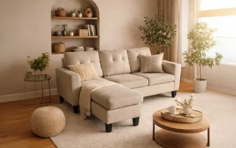 Un salon cosy avec un canapé d'angle beige, des coussins texturés, une couverture jetée et des plantes. La dimension canapé est parfaite pour ce coin détente.