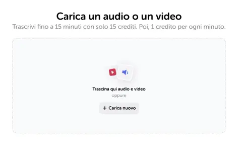 Area per caricare audio o video per sbobinare file audio. Trascrivi fino a 15 minuti con 15 crediti.