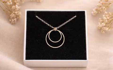 Collana con due anelli intrecciati, simbolo di legame eterno e unione.