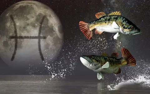Dwa ryby wyskakują z wody pod księżycem z symbolem Ryb. Ascendent w Rybach, symbolizujący marzycielskie i intuicyjne połączenie ze światem.