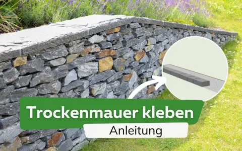 Anleitung zum Trockenmauer kleben: Eine detaillierte Darstellung zeigt, wie Mauersteine für eine stabile Trockenmauer verklebt werden.