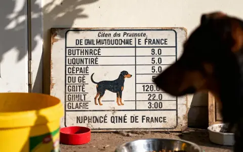 Un chien observe un tableau indiquant les quantités pour une alimentation maison pour un chien en insuffisance rénale.