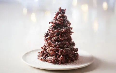 Un sapin chocolat mikado, saupoudré de sucre glace, sur une assiette blanche. Un délice festif !