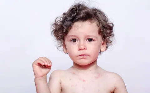 Bambino con puntini rossi sul corpo e viso, possibili puntini rossi eritema solare bambini.