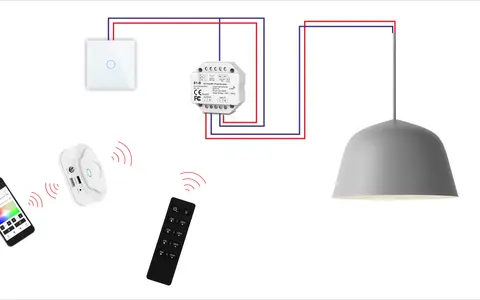 Schemat jak podłączyć ściemniacz oświetlenia. Pokazuje połączenie włącznika, modułu ściemniacza, lampy, pilota i smartfona.