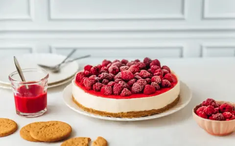 Un délicieux cheesecake framboise, garni de fruits rouges givrés, prêt à être dégusté avec un coulis et des biscuits.