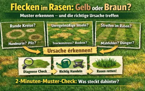 Helle Flecken im Rasen: runde Kreise, Inseln oder Streifen? Die Grafik zeigt Ursachen wie Hundeurin, Trockenstress oder Mähfehler und wie man den Rasen rettet.