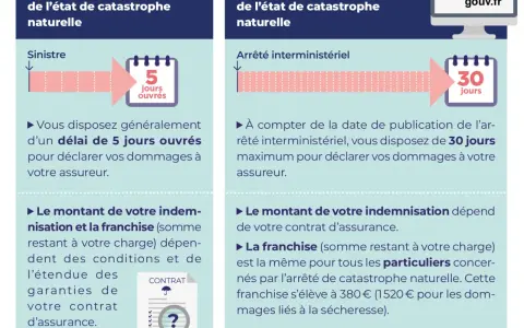 Comparaison des délais de déclaration de sinistres : 5 jours sans reconnaissance de catastrophe naturelle, 30 jours avec. Ces informations sont cruciales face aux catastrophes technologiques.