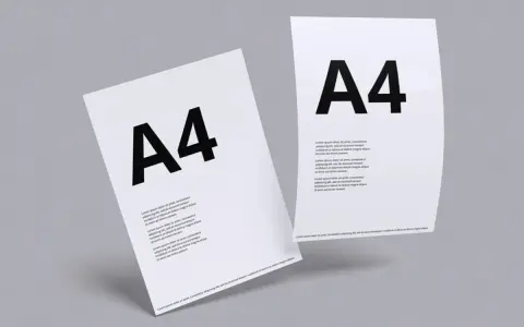 Dwa białe arkusze papieru formatu a9 z czarnym napisem "A4" i tekstem.