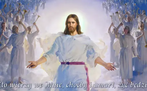 Jezus wśród aniołów grających na trąbach. Nawet wdowi grosz wiary daje życie wieczne.