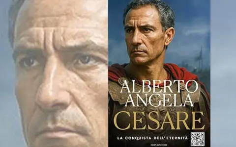 Copertina del libro "Cesare. La conquista dell'eternità" di Alberto Angela, con un primo piano dell'autore e un'immagine di Cesare in armatura.