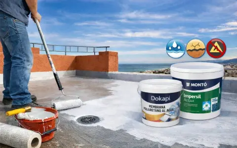 Aplicación de membrana para impermeabilización de terrazas. Rodillo y cubos de pintura listos para proteger tu hogar del agua.