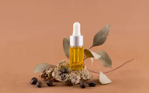 Flacon d'huile dorée, posé sur une pierre avec des graines et des feuilles séchées. Un élixir naturel pour des cheveux éclatants, comme l'huile de ricin cheveux.