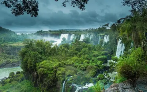 Majestuosas cataratas del Iguazú, un torrente de agua cayendo entre exuberante vegetación bajo un cielo nublado.