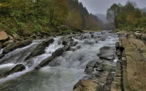 Kamieniste koryto rzeki w Bieszczadach, gdzie rwący nurt pokonuje skalne progi. W tle jesienne drzewa.