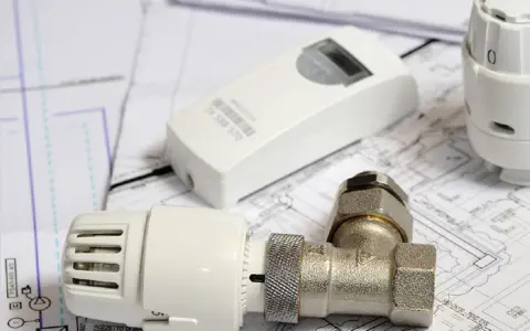 Termostato evoluto per detrazione 65, con valvole e schema tecnico.