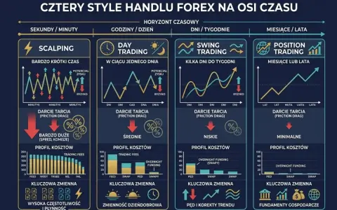 Cztery style handlu Forex: Scalping, Day Trading, Swing Trading, Position Trading. Wykresy pokazują sygnały giełdowe, ryzyko, koszty i kluczowe zmienne.