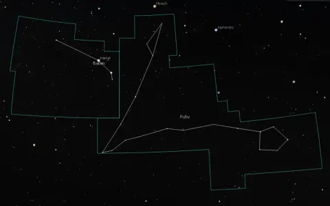 Gwiazdozbiory Ryby i Baran na nocnym niebie. Baran, jeden ze znaków zodiaku, znajduje się na lewo od Ryb.