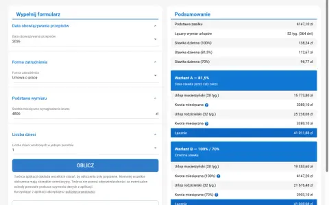 Kalkulator zasiłku macierzyńskiego: formularz do wypełnienia i podsumowanie obliczeń dla różnych wariantów.