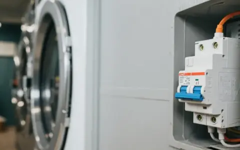 Disjoncteur machine à laver, prêt à protéger l'appareil. L'image montre un disjoncteur blanc et bleu, avec des fils orange et jaunes connectés, à côté d'une machine à laver.