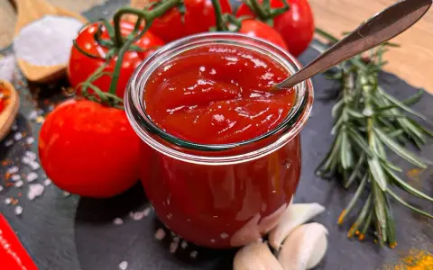 Ein Glas hausgemachtes Ketchup, das Zutaten für das beste Ketchup Rezept: Tomaten, Knoblauch, Rosmarin, Salz und Gewürze.