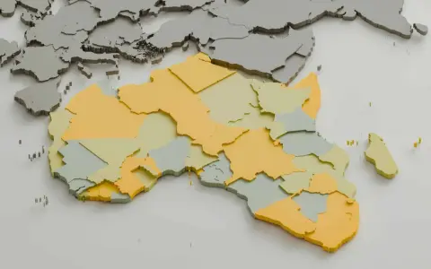 Mapa Afryki z zaznaczonymi regionami w kolorach żółtym i zielonym. Kontynent sąsiaduje z Europą.