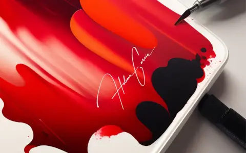 Signature blanche "Helena Garcia" sur fond abstrait rouge et noir, avec un pinceau et un marqueur.