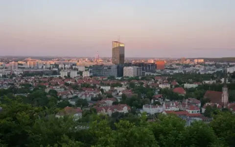Widok na miasto o zachodzie słońca. W oddali widać nowoczesne budynki, a bliżej dachy domów i zieleń. Jakby pachołek oliwa na tle nieba.