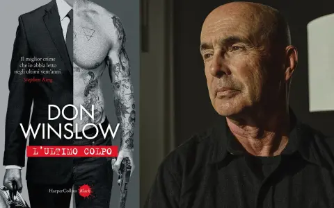 Copertina di "L'ultimo colpo", l'ultimo libro di Don Winslow, con un uomo tatuato in giacca e cravatta e il ritratto dell'autore.