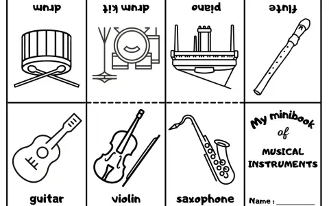 Kolorowanki instrumentów muzycznych: bęben, zestaw perkusyjny, pianino, flet, gitara, skrzypce, saksofon.