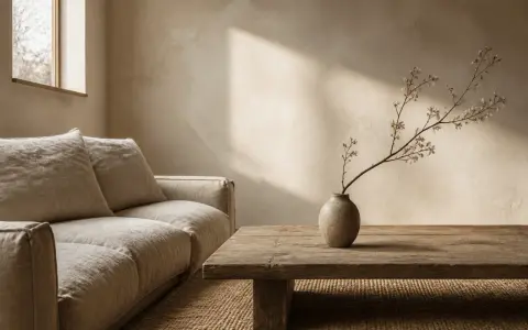 Un salon apaisant dans un style wabi sabi, avec un canapé en lin, une table basse en bois brut et une branche délicate dans un vase texturé.
