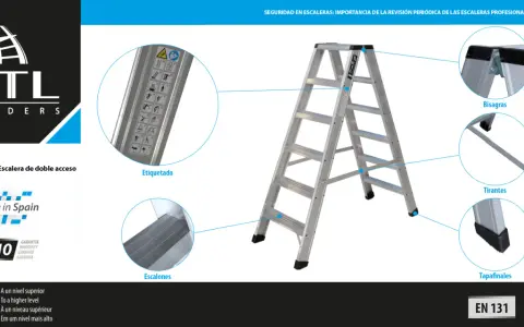 Detalle de las partes de una escalera: etiquetado, escalones, bisagras, tirantes y tapafinales.