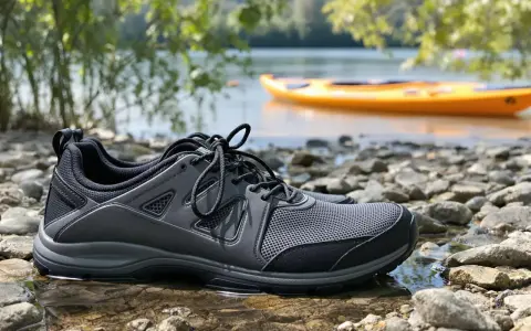 Szare buty sportowe na kamienistej plaży, idealne jako buty na kajaki. W tle żółty kajak na wodzie.