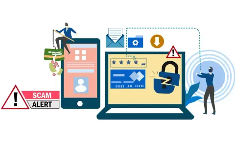 Warnung vor **phishing deutsch**: Ein Mann angelt nach Geld, während ein zerbrochenes Schloss auf einem Laptop Sicherheitsprobleme symbolisiert.