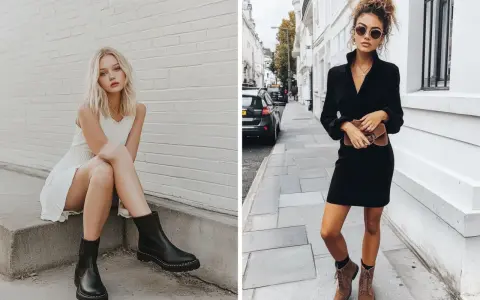 Dos mujeres lucen estilos diferentes de vestidos con botas. Una lleva un vestido blanco corto y botas negras gruesas, la otra un vestido negro elegante y botines marrones.