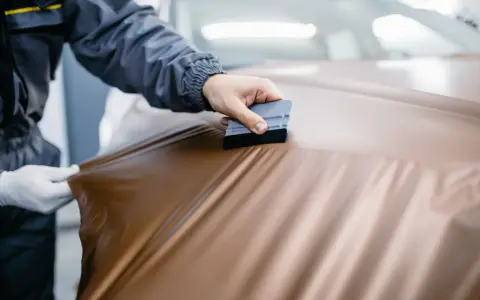 Applying a bronze vinyl wrap to a car hood, showing the process of how to wrap a truck for a custom look.