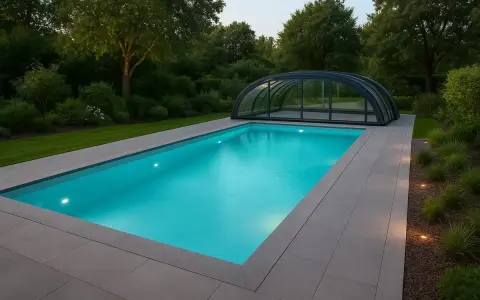 En modern pool med kupoltak, perfekt för pool inspiration i Sverige. Vackert belyst och omgiven av grönskande natur.