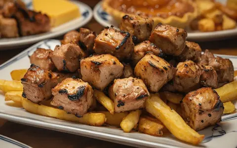 Sabroso raxo gallego a la parrilla, servido sobre patatas fritas crujientes. Un plato contundente y delicioso.