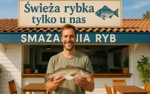 Uśmiechnięty mężczyzna trzyma świeżą rybę przed smażalnią. To idealny sezon na ryby bałtyckie!